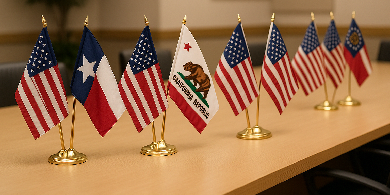 U.S. and state dual desk flag sets displayed on an office table – Asya Bayrak