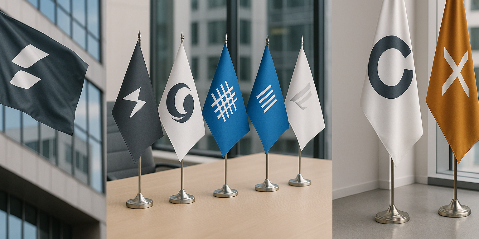Corporate flags with custom logos displayed at an office – Asya Bayrak