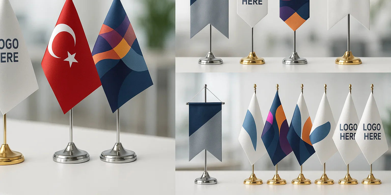 Custom logo printed desk flags with chrome bases on office table – Asya Bayrak