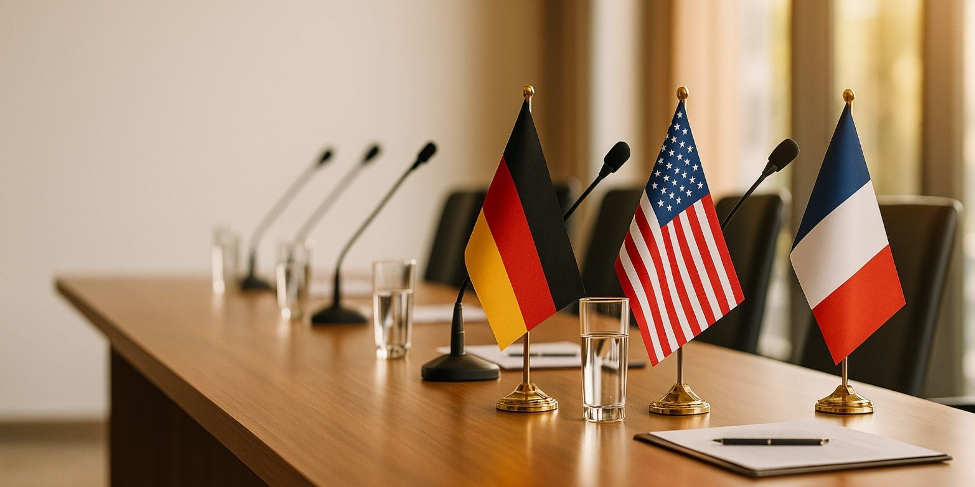 National country desk flags with chrome bases on an office table – Asya Bayrak