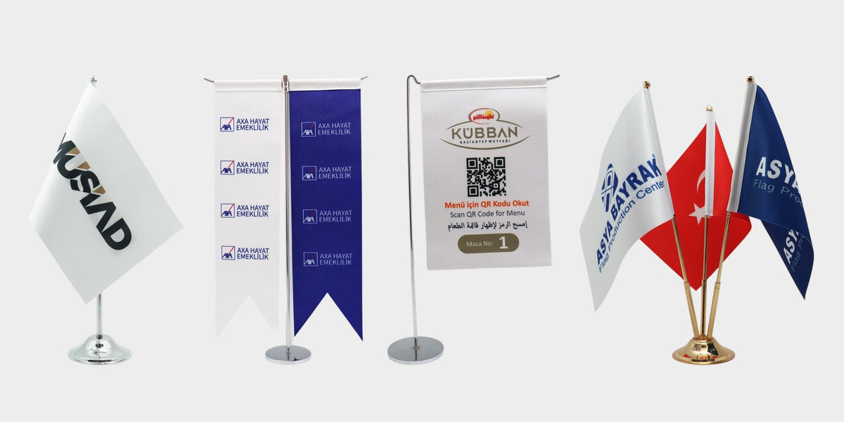 Logo printed desk flags — single, swallowtail T-shaped, L-shaped and triple sets with chrome and gold poles