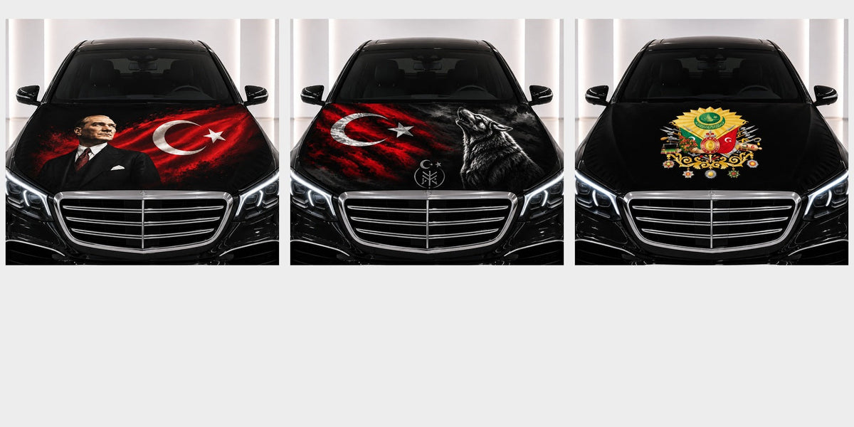Car hood flags — Atatürk, grey wolf and Ottoman coat of arms designs fitted on car bonnets