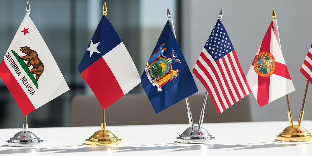 USA state desk flags displayed with chrome bases on an office table – Asya Bayrak