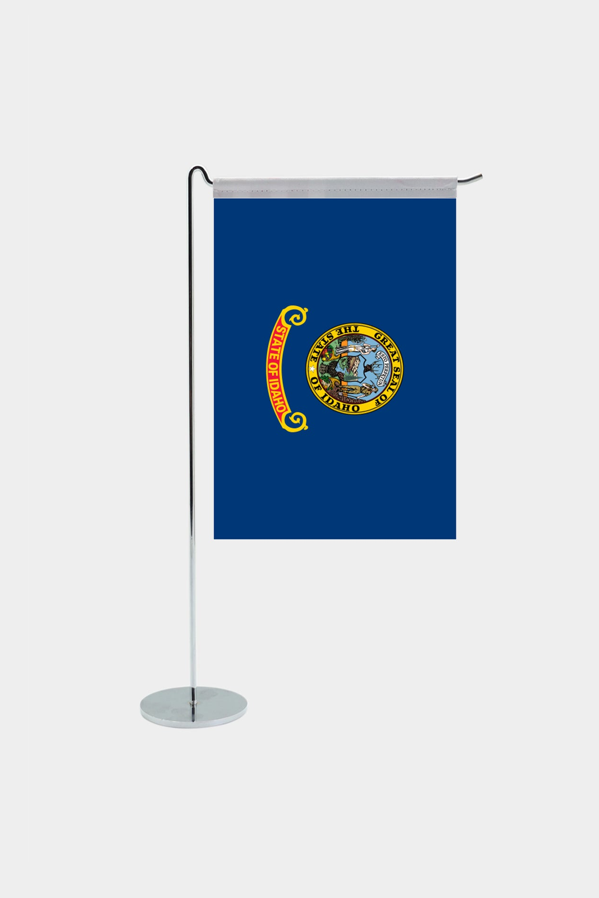 Idaho state desk flag with chrome L-shaped stand - premium double-layer satin office flag