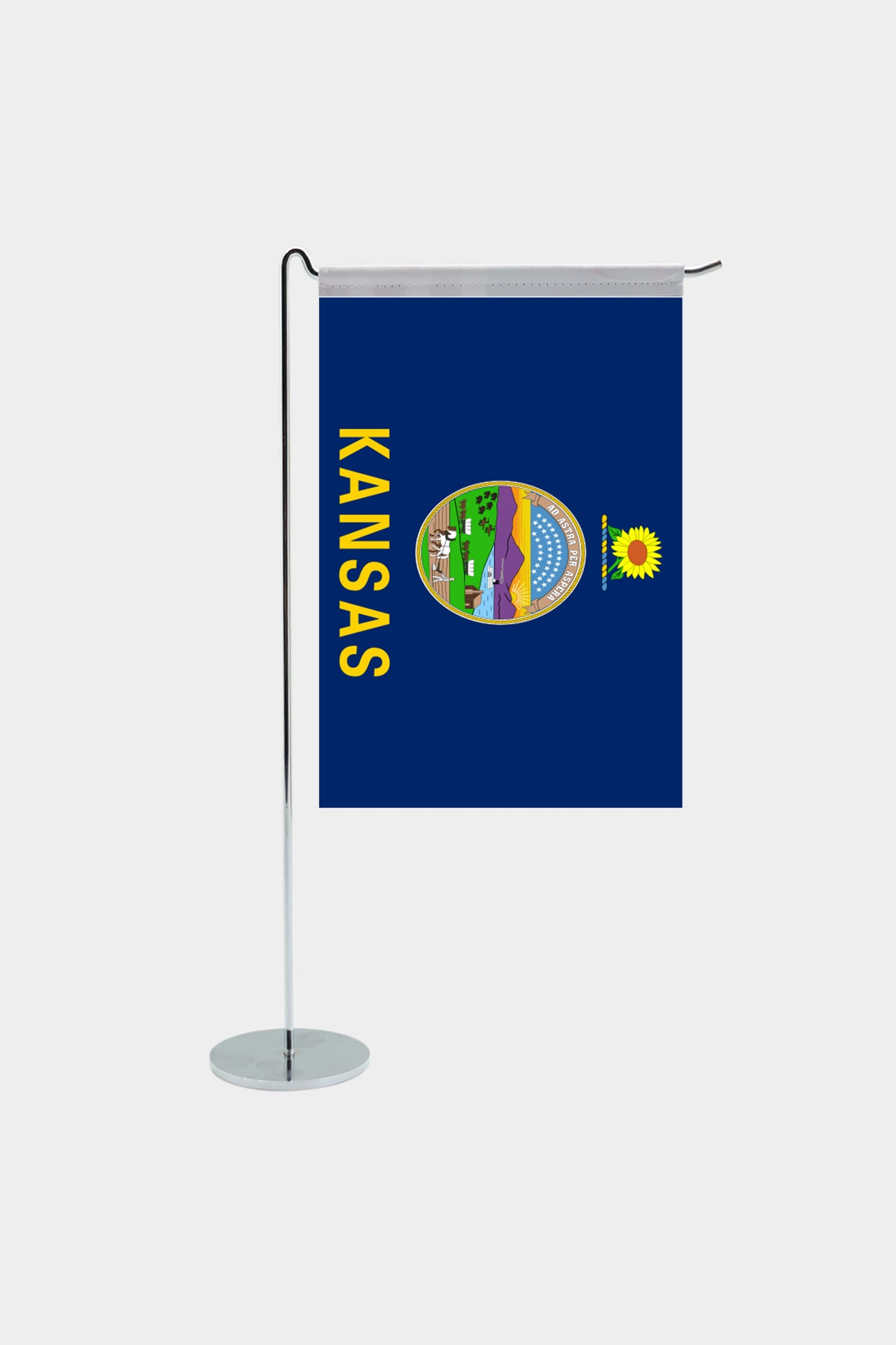 Kansas state desk flag with chrome L-shaped stand - premium double-layer satin office flag