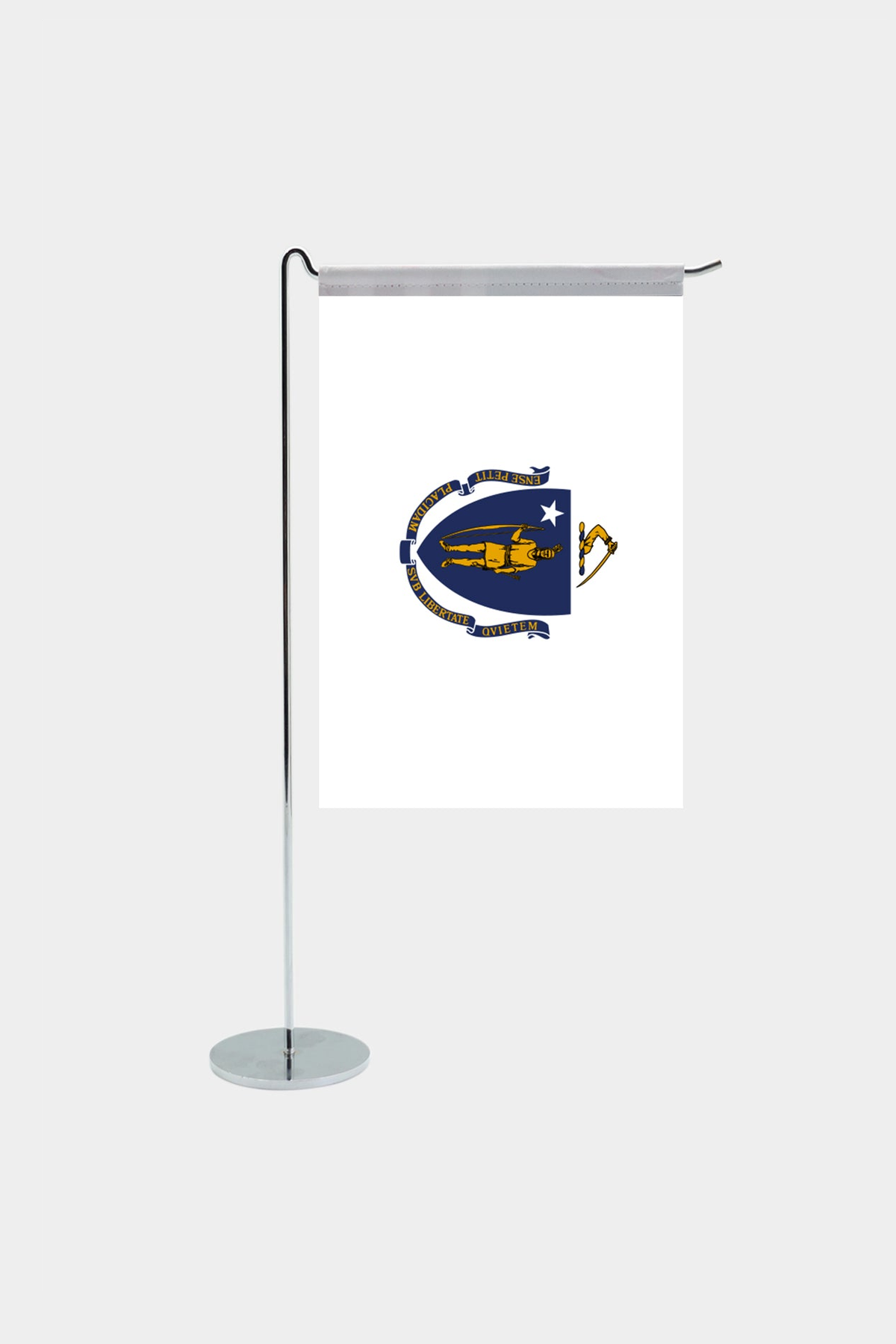 Massachusetts state desk flag with chrome L-shaped stand - premium double-layer satin office flag
