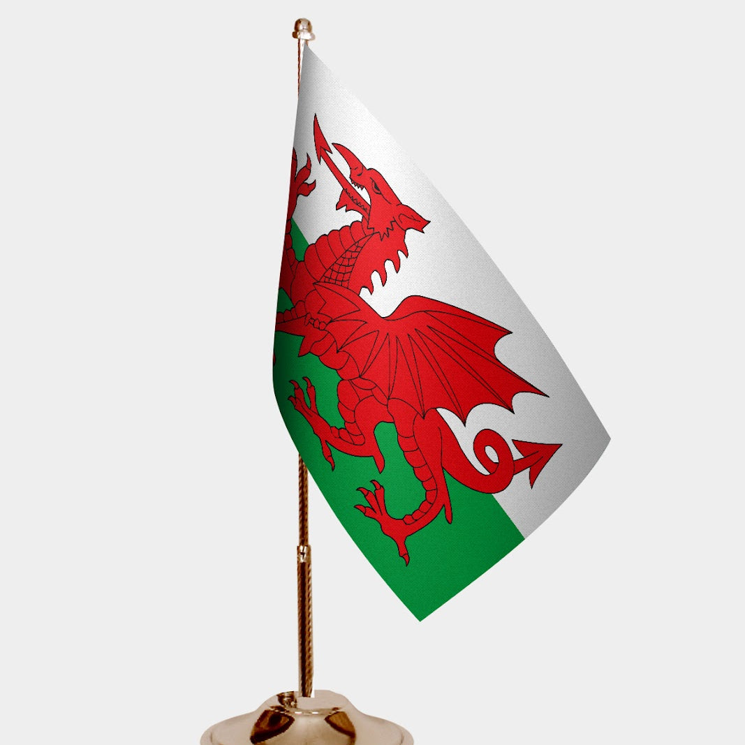 Wales Gold Desk Flag - Premium Metal Stand