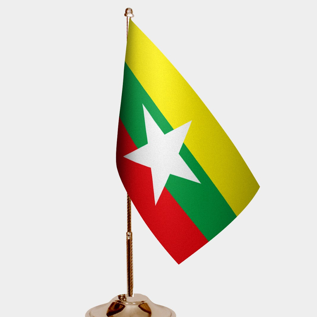 Myanmar Gold Desk Flag - Premium Metal Stand