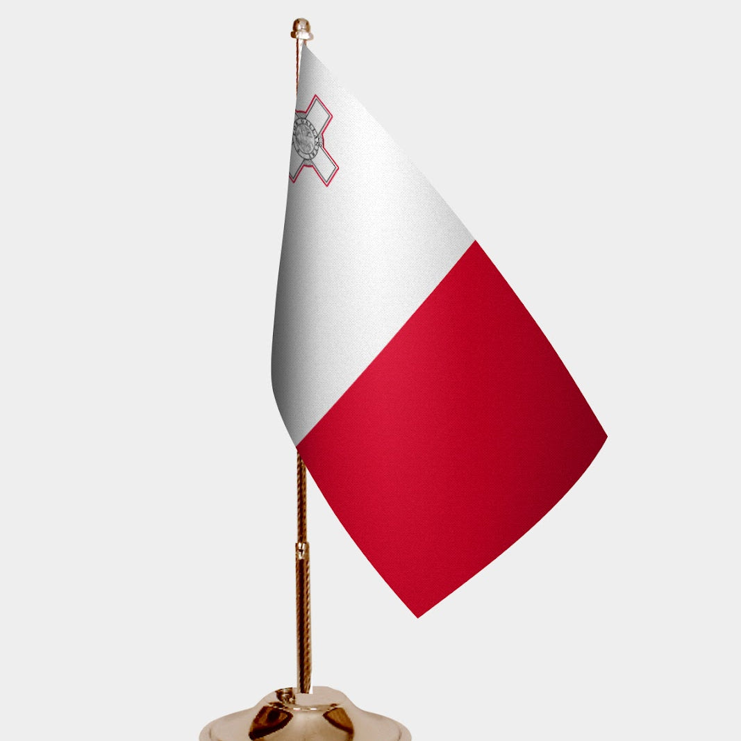 Malta Gold Desk Flag - Premium Metal Stand