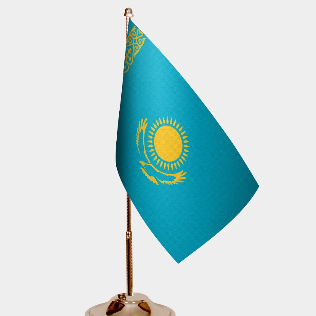Kazakhistan Gold Desk Flag - Premium Metal Stand