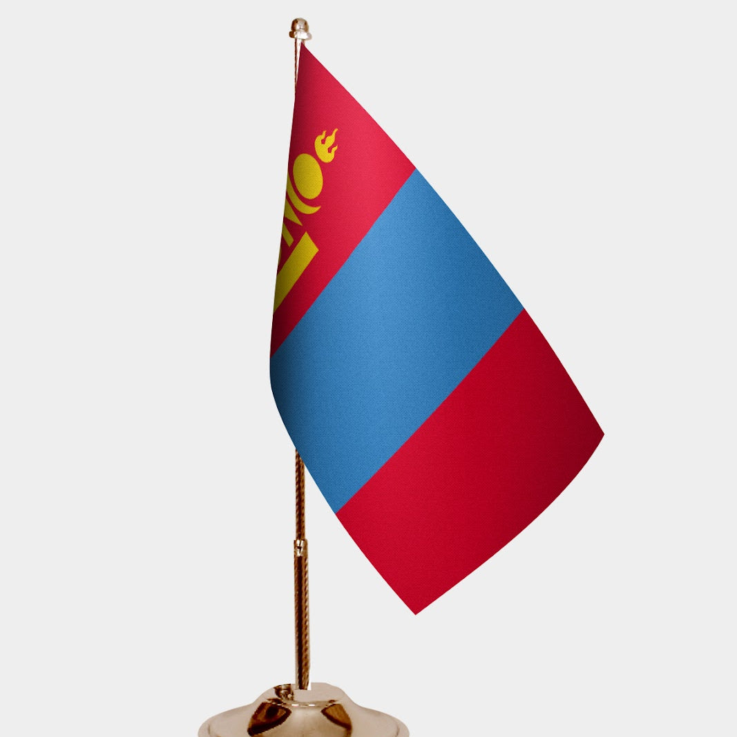 Mongolia Gold Desk Flag - Premium Metal Stand
