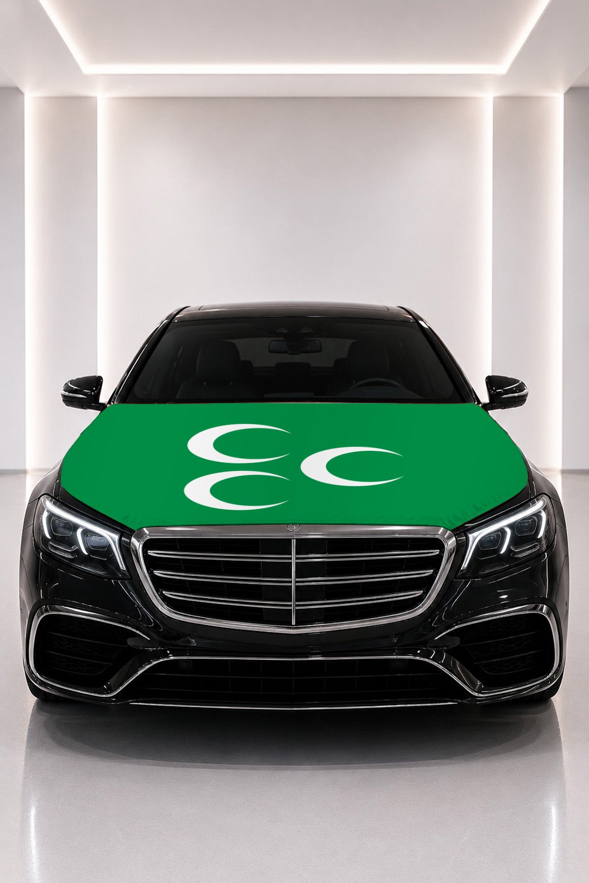 Three Crescents flag car hood cover fitted on a black car bonnet