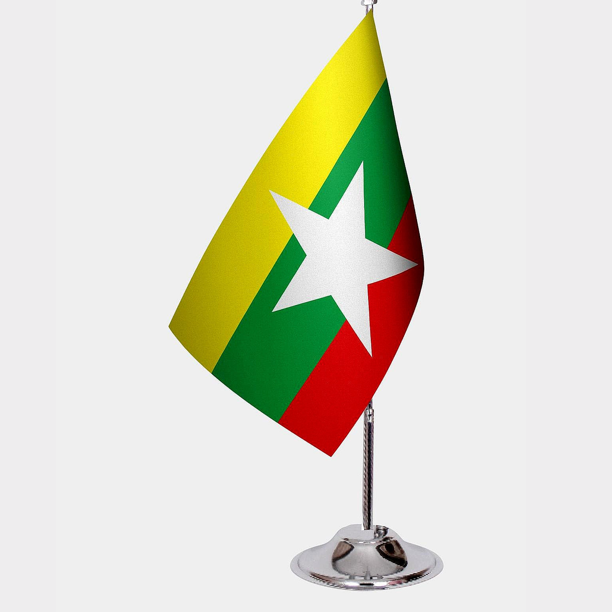 Myanmar Desk Flag - Premium Double-Layer Satin with Chrome L-Shaped Stand | Professional Quality Country Desk Flag for Government Offices and Institutions