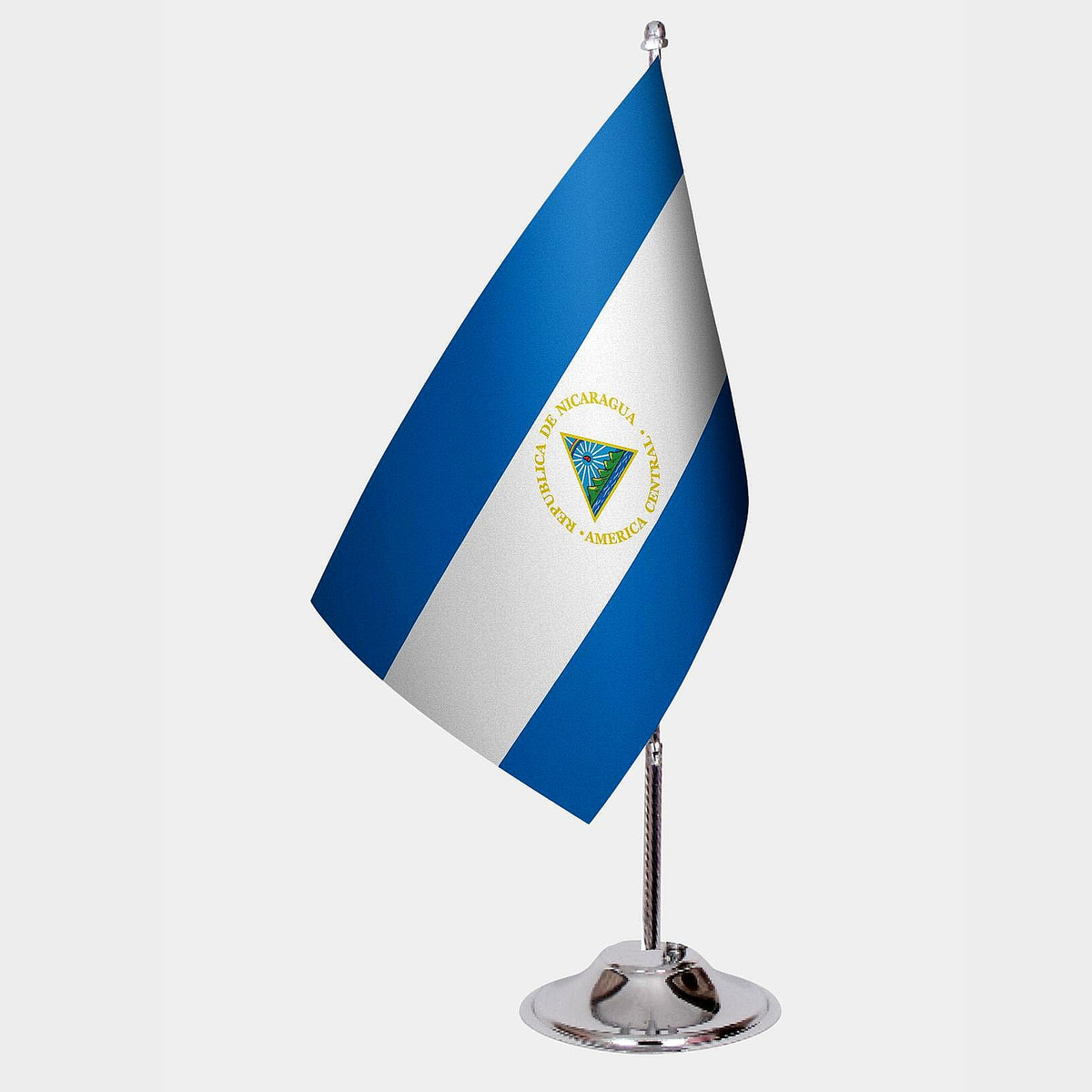 Nicaragua Desk Flag - Premium Double-Layer Satin with Chrome L-Shaped Stand | Professional Quality Country Desk Flag for Government Offices and Institutions