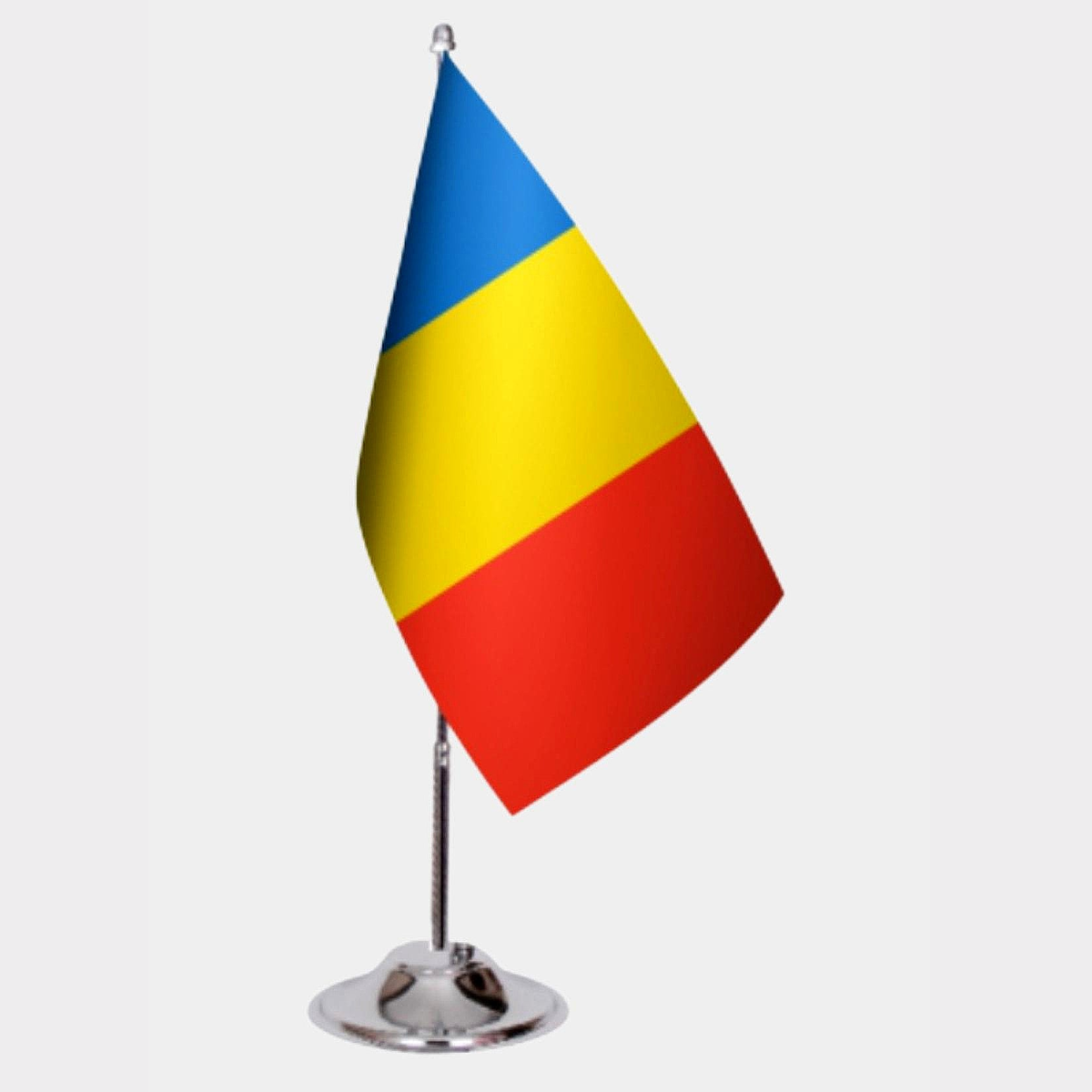 Romania Desk Flag - Premium Double-Layer Satin with Chrome L-Shaped Stand | Professional Quality Country Desk Flag for Government Offices and Institutions