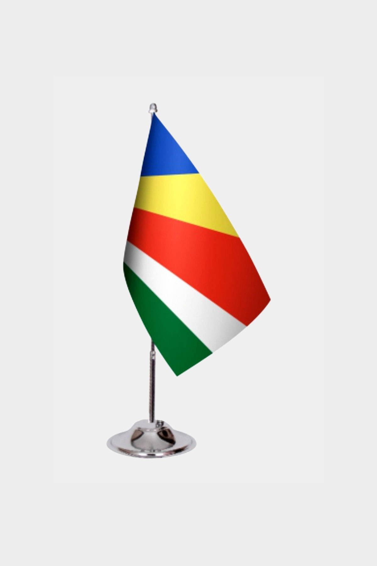 Seychelles Desk Flag - Premium Double-Layer Satin with Chrome L-Shaped Stand | Professional Quality Country Desk Flag for Government Offices and Institutions