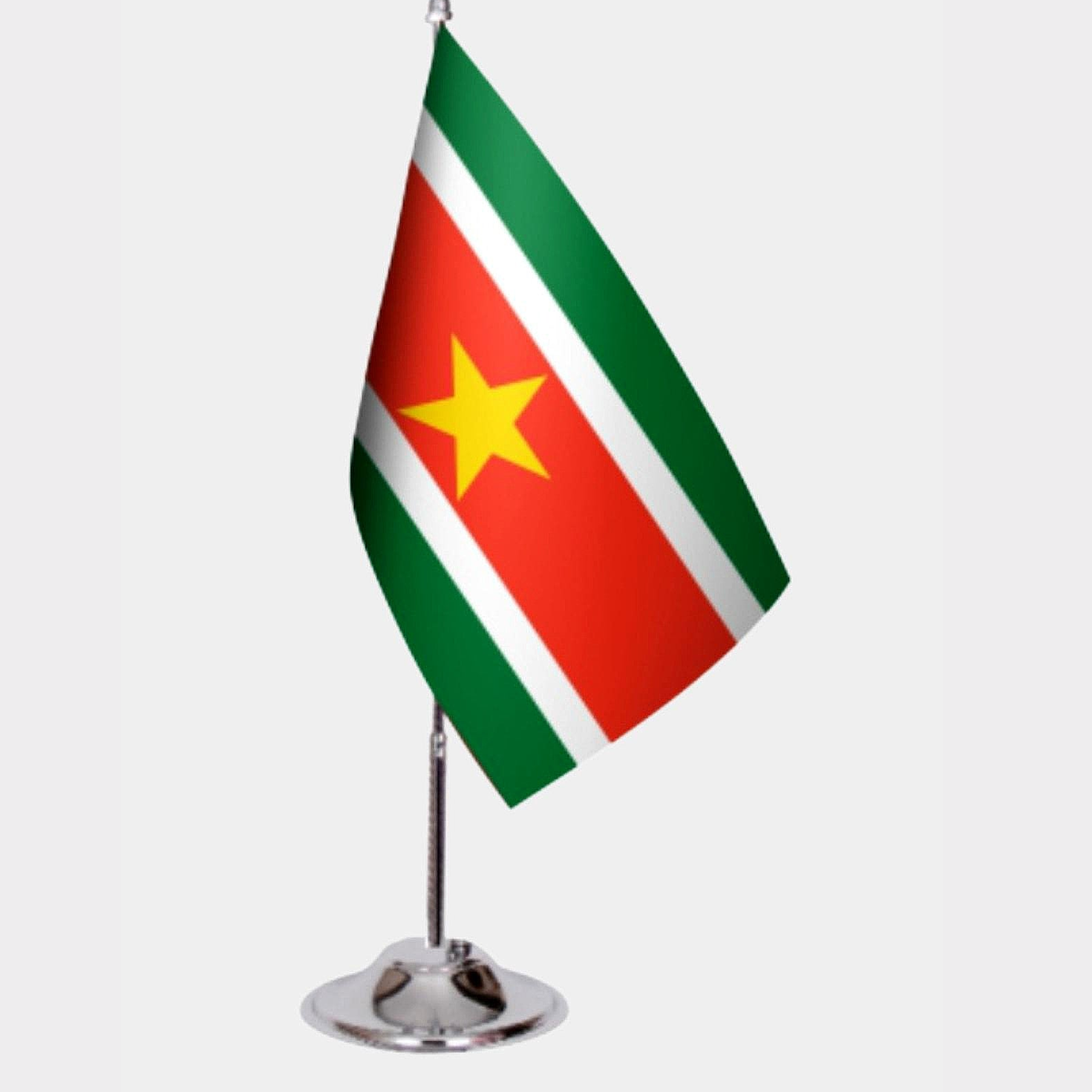 Suriname Desk Flag - Premium Double-Layer Satin with Chrome L-Shaped Stand | Professional Quality Country Desk Flag for Government Offices and Institutions