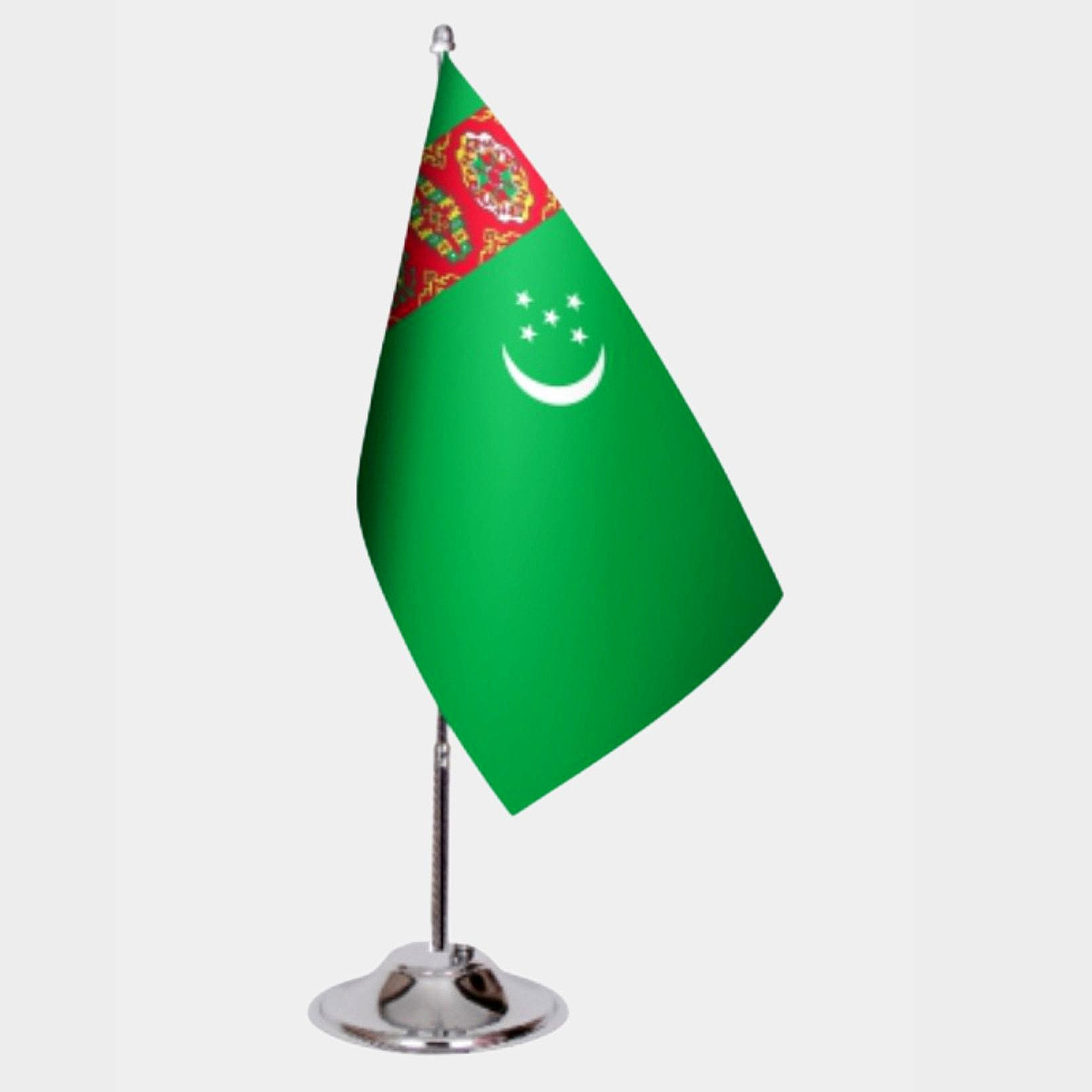 Turkmenistan Desk Flag - Premium Double-Layer Satin with Chrome L-Shaped Stand | Professional Quality Country Desk Flag for Government Offices and Institutions