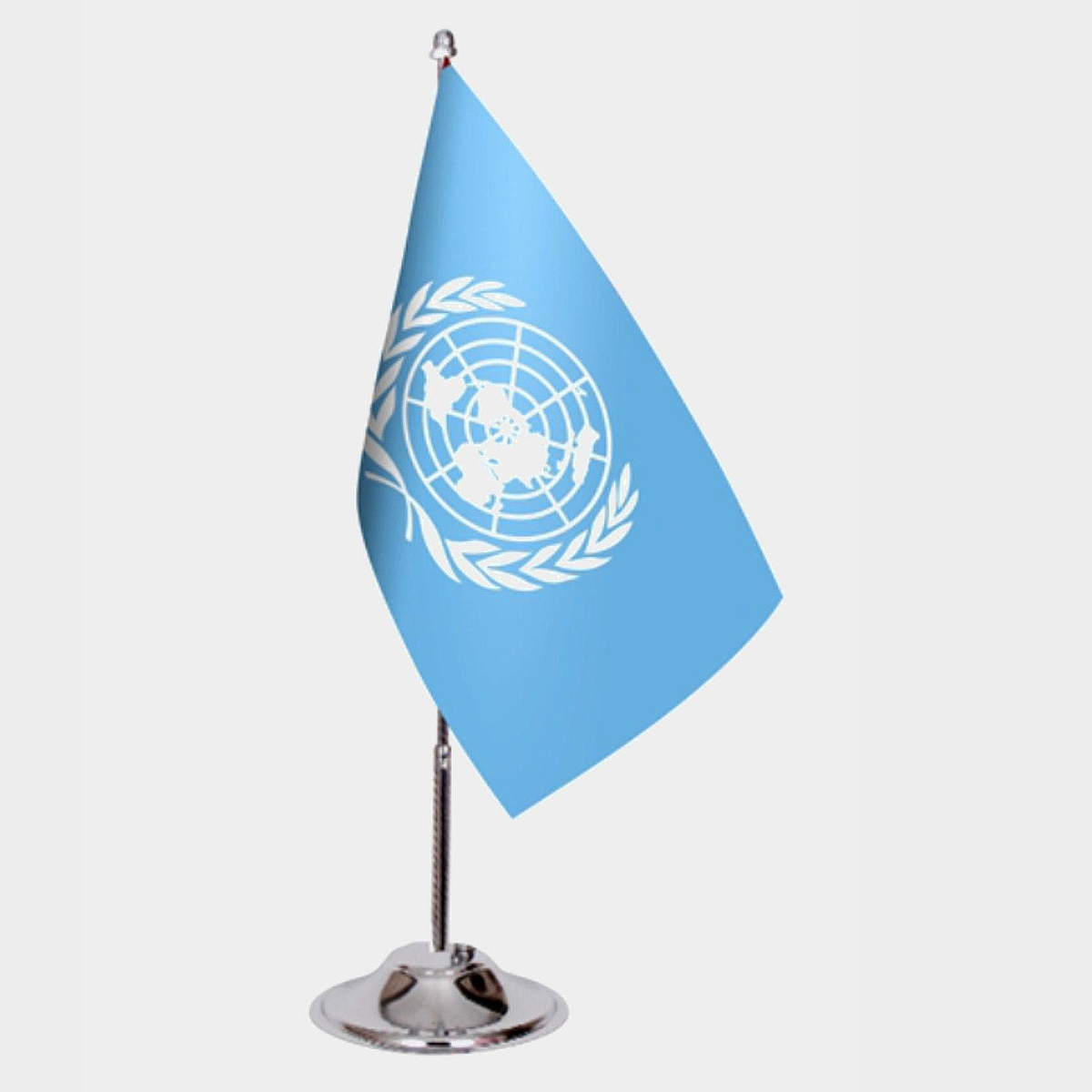 United Nations Desk Flag - Premium Double-Layer Satin with Chrome L-Shaped Stand | Professional Quality Country Desk Flag for Government Offices and Institutions