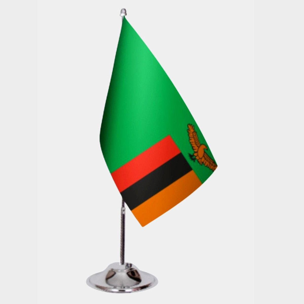 Zambia Desk Flag - Premium Double-Layer Satin with Chrome L-Shaped Stand | Professional Quality Country Desk Flag for Government Offices and Institutions