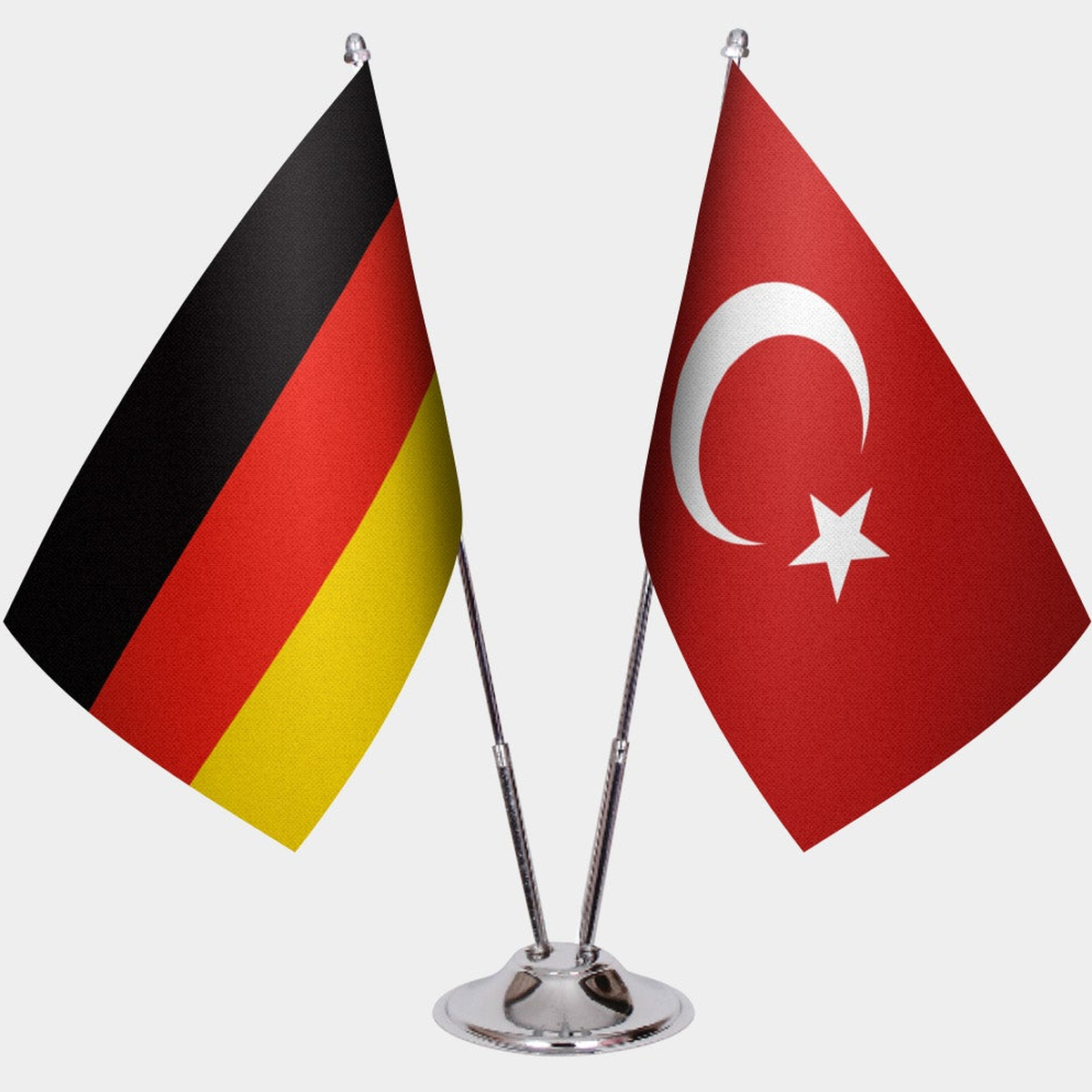 Germany and Türkiye dual desk flag set with chrome silver pedestal, satin office table flag
