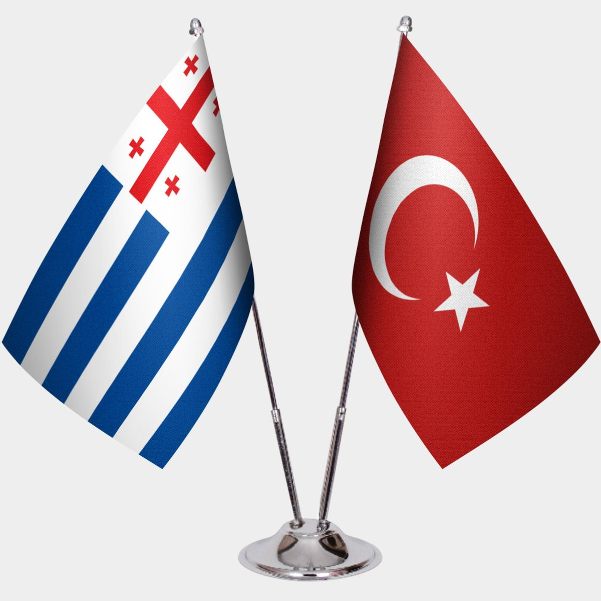 Adjara and Türkiye dual desk flag set with chrome silver pedestal, satin office table flag