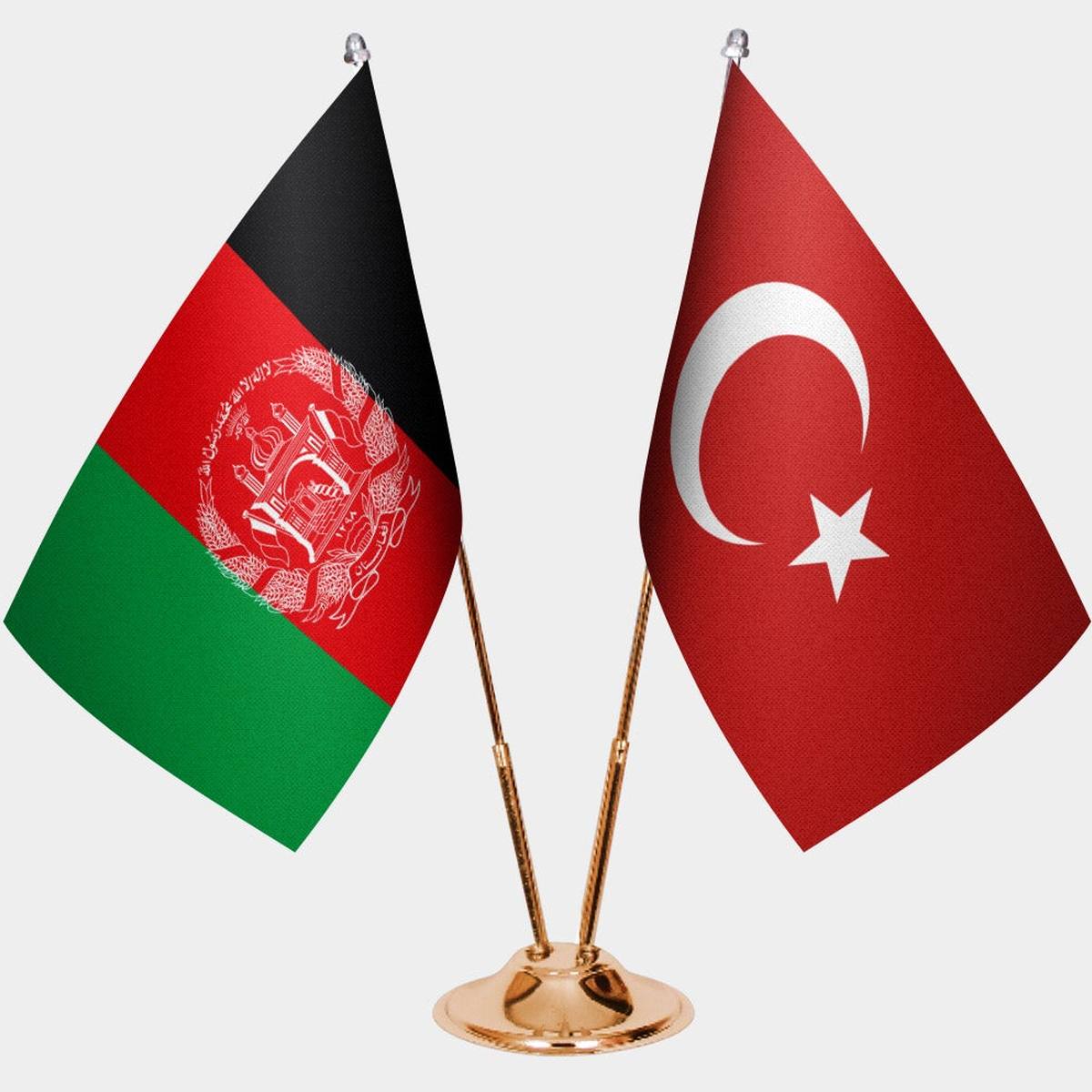 Afghanistan and Türkiye dual desk flag set with gold pedestal, satin office table flag