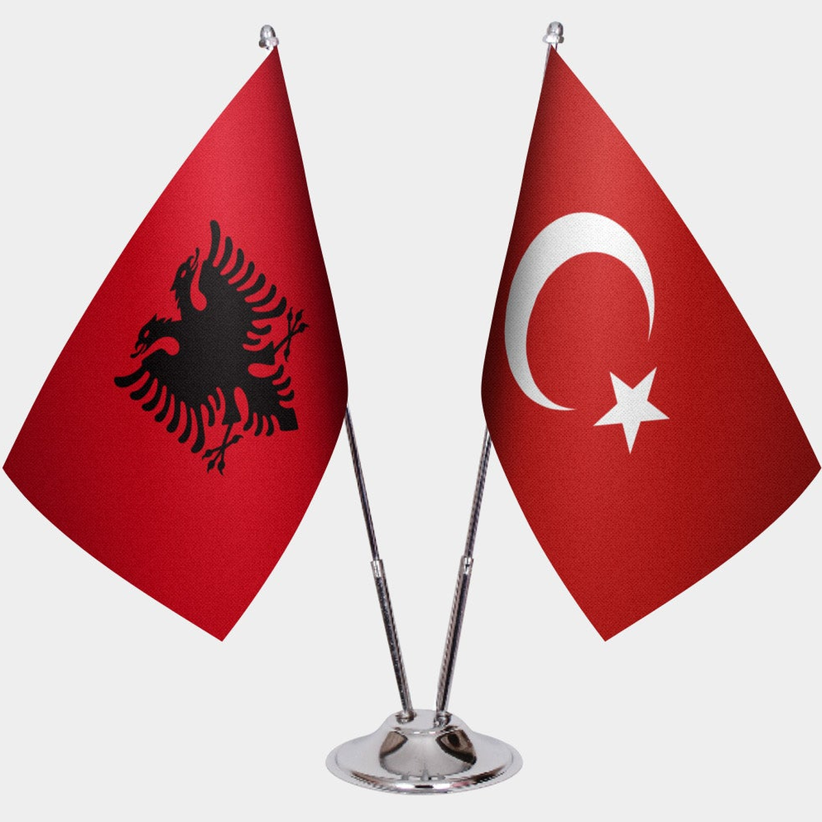 Albania and Türkiye dual desk flag set with chrome silver pedestal, satin office table flag