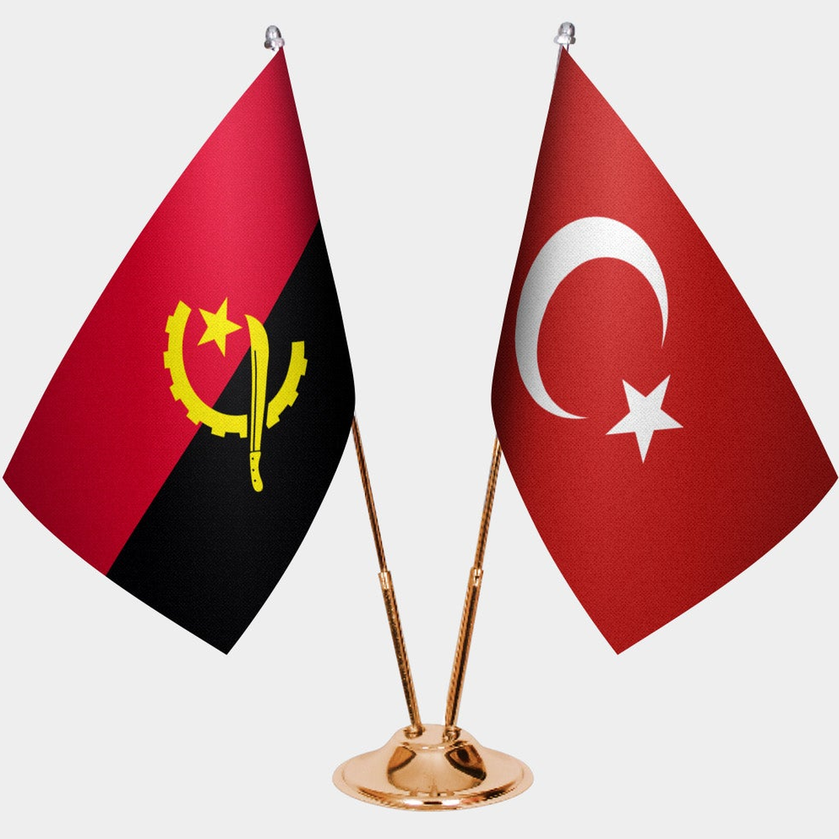 Angola and Türkiye dual desk flag set with gold pedestal, satin office table flag
