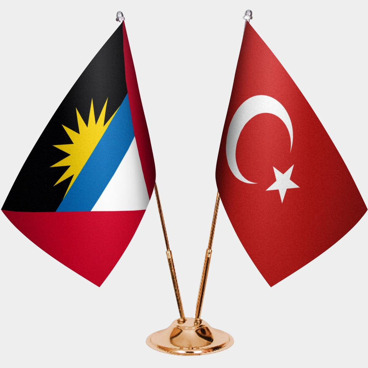 Antigua & Barbuda and Türkiye dual desk flag set with gold pedestal, satin office table flag