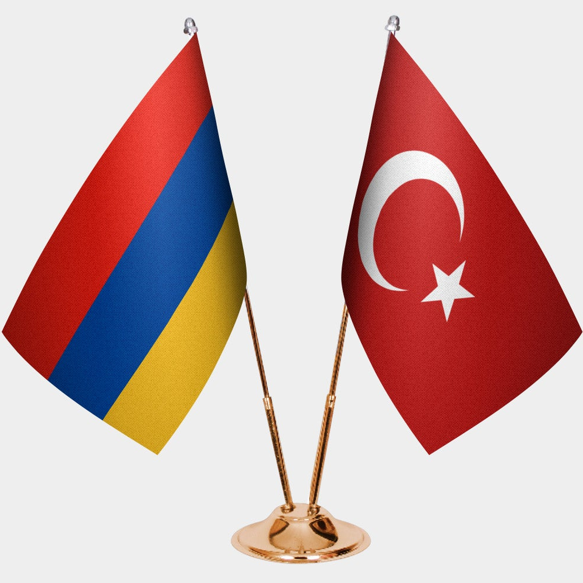 Armenia and Türkiye dual desk flag set with gold pedestal, satin office table flag