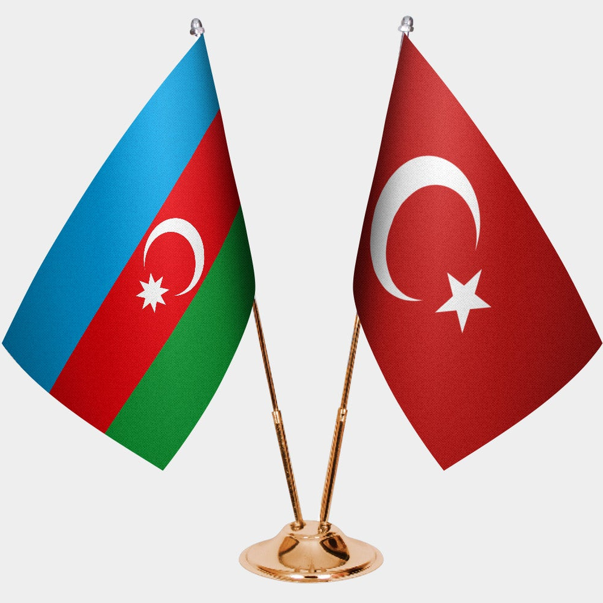 Azerbaijan and Türkiye dual desk flag set with gold pedestal, satin office table flag