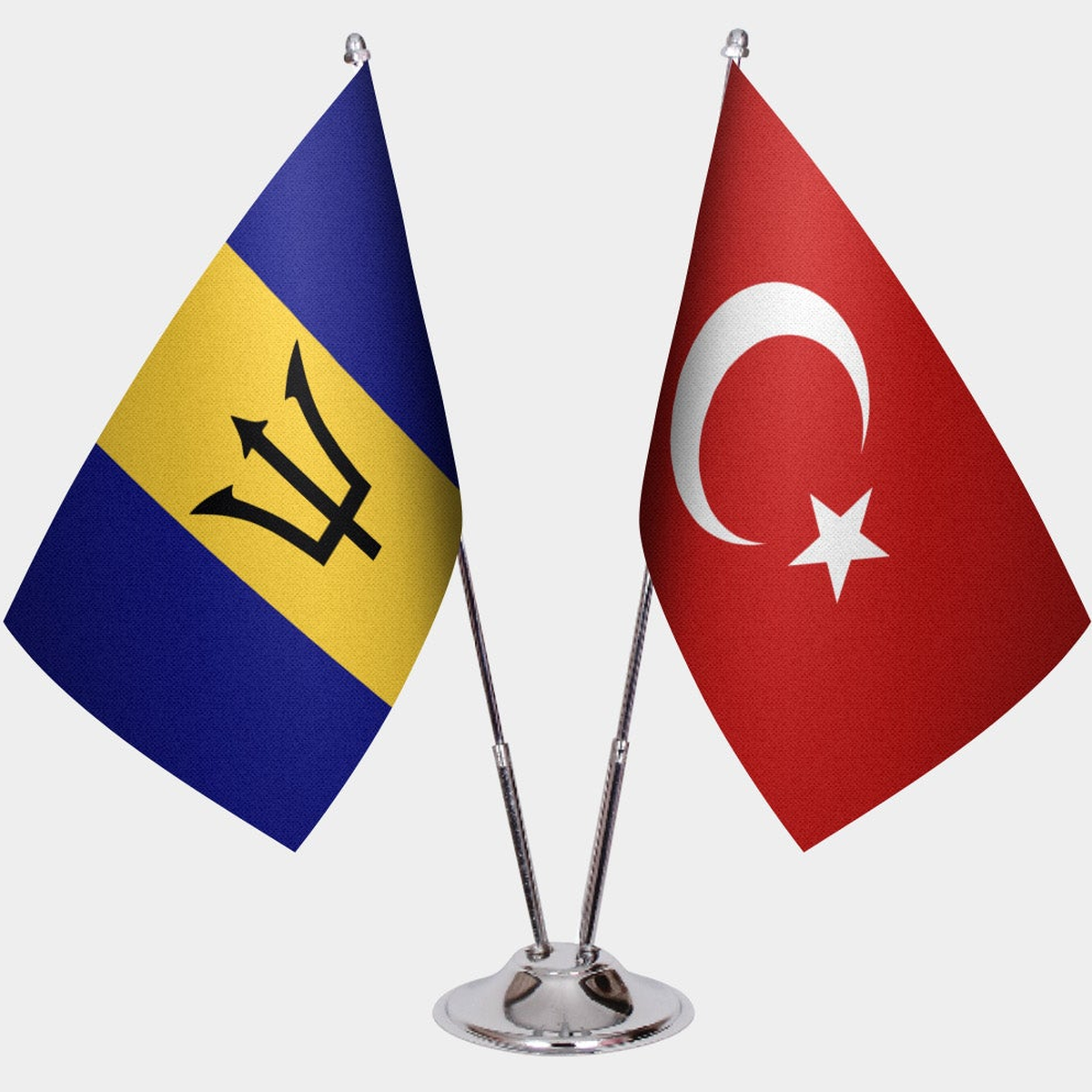 Barbados and Türkiye dual desk flag set with chrome silver pedestal, satin office table flag