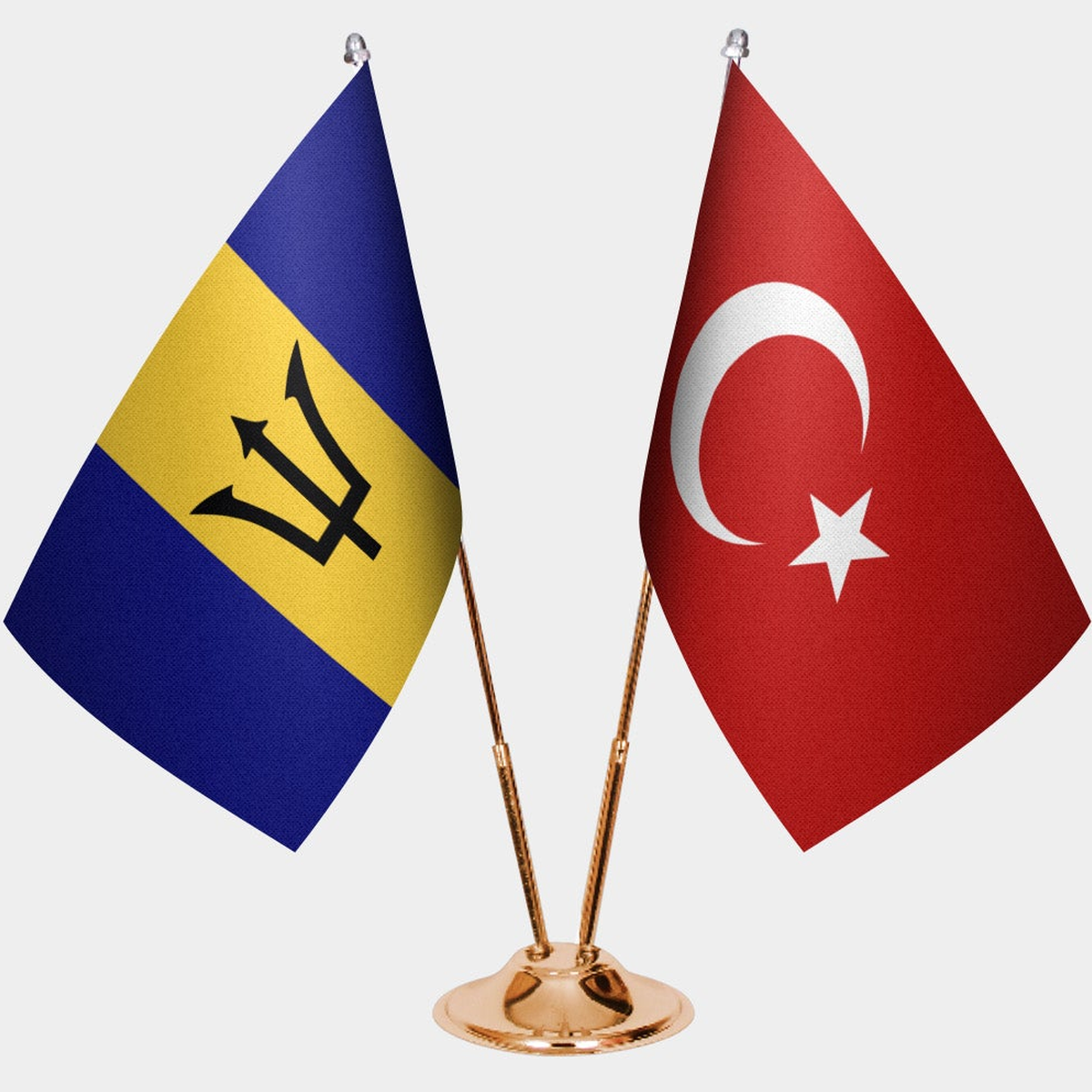 Barbados and Türkiye dual desk flag set with gold pedestal, satin office table flag