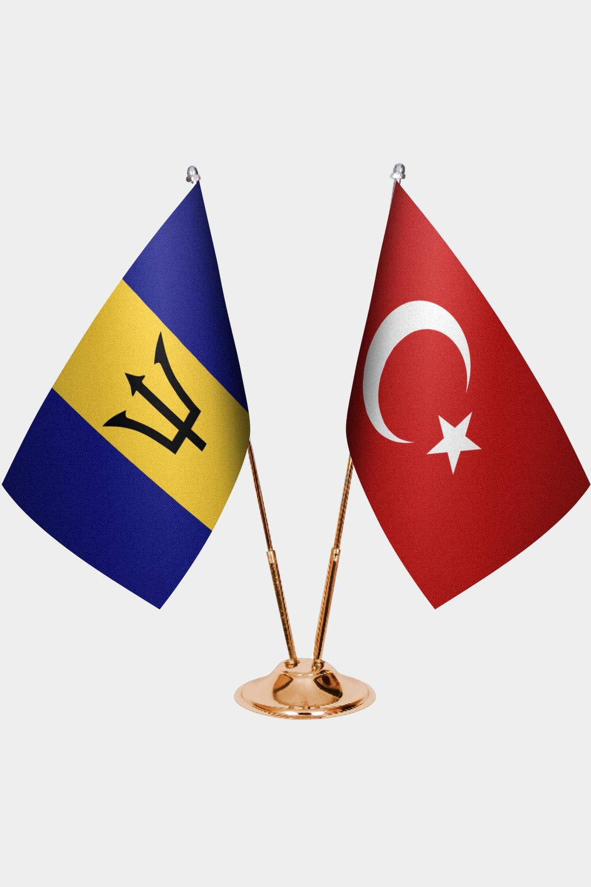 Barbados and Türkiye dual desk flag set with gold pedestal, satin office table flag