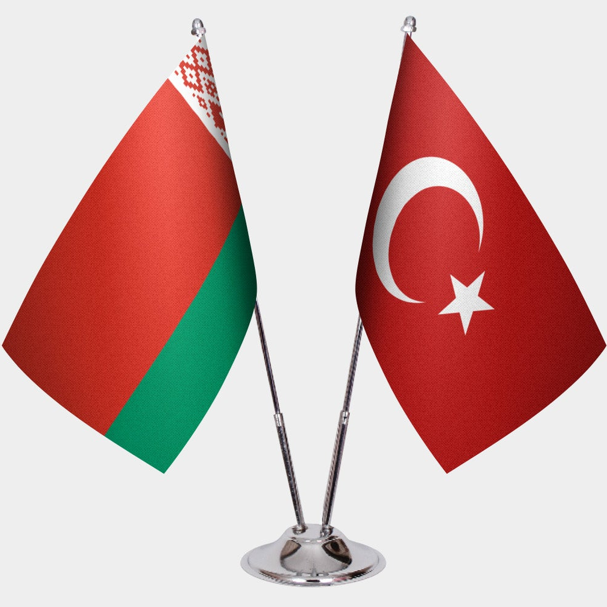 Belarus and Türkiye dual desk flag set with chrome silver pedestal, satin office table flag