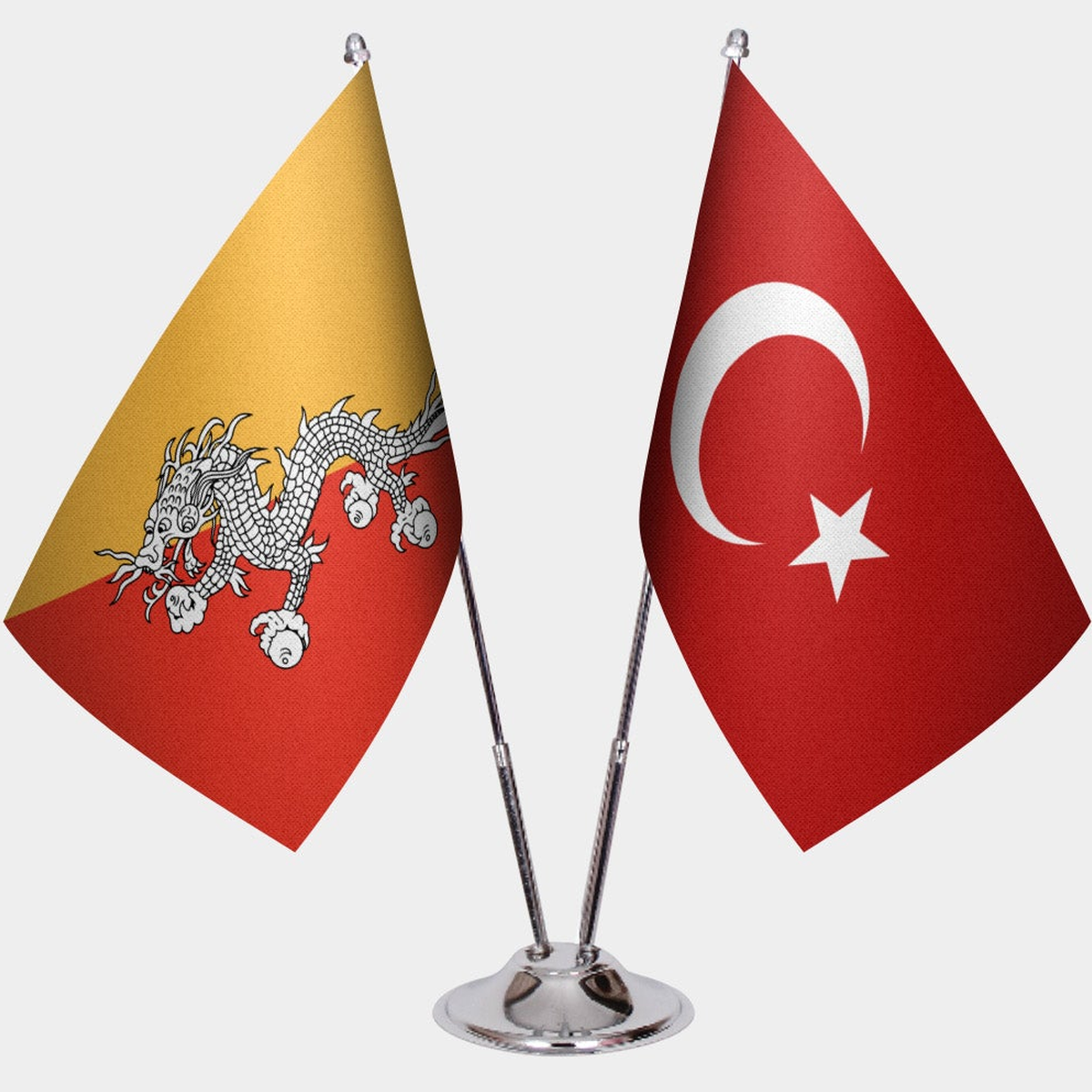 Bhutan and Türkiye dual desk flag set with chrome silver pedestal, satin office table flag
