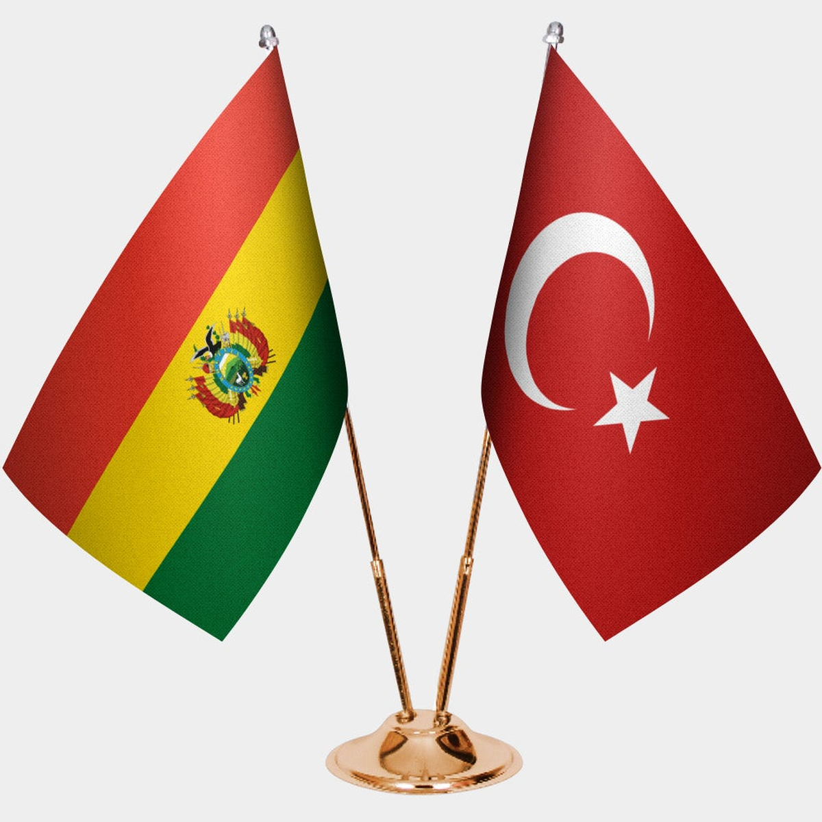 Bolivia and Türkiye dual desk flag set with gold pedestal, satin office table flag