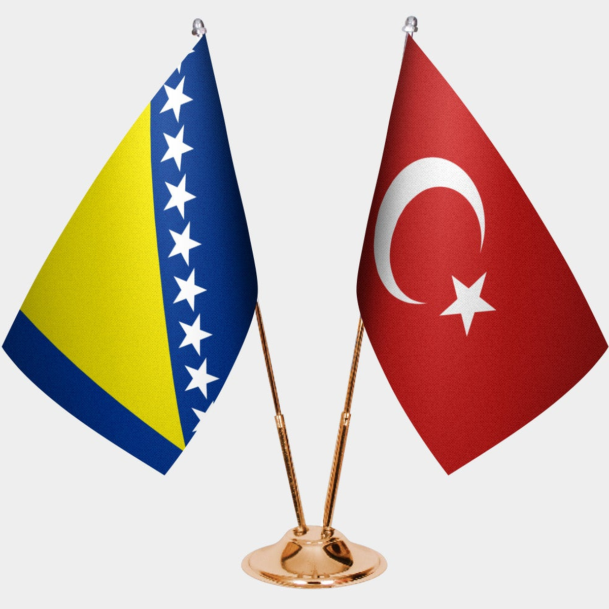 Bosnia and Herzegovina and Türkiye dual desk flag set with gold pedestal, satin office table flag