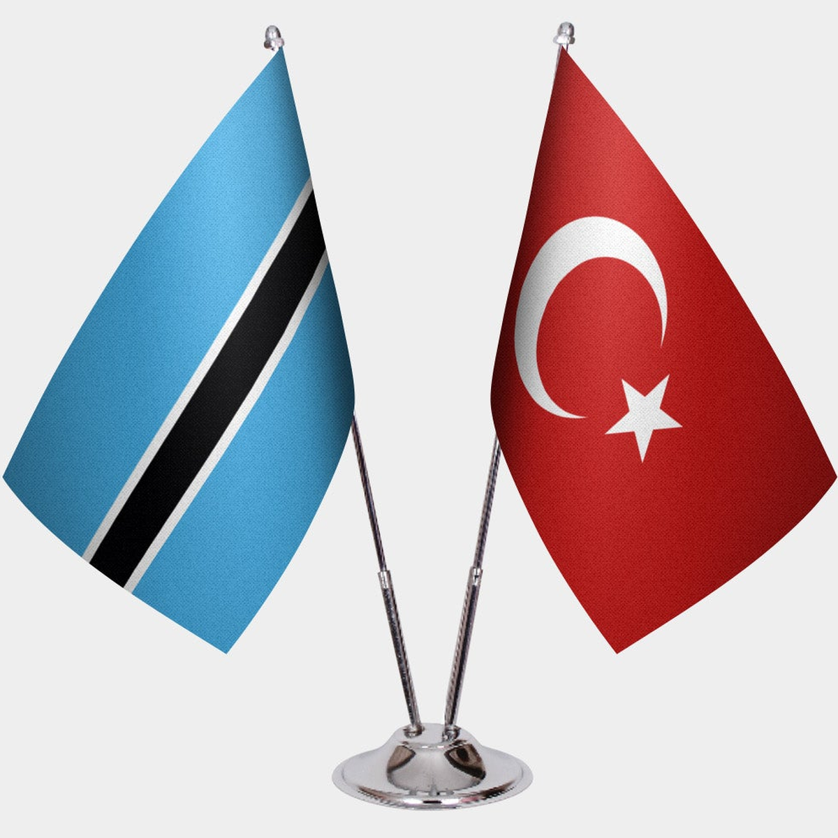 Botswana and Türkiye dual desk flag set with chrome silver pedestal, satin office table flag