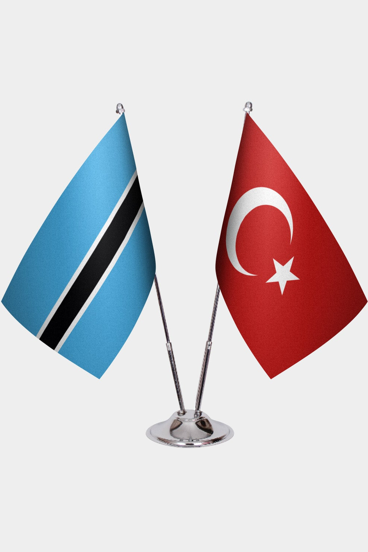 Botswana and Türkiye dual desk flag set with chrome silver pedestal, satin office table flag