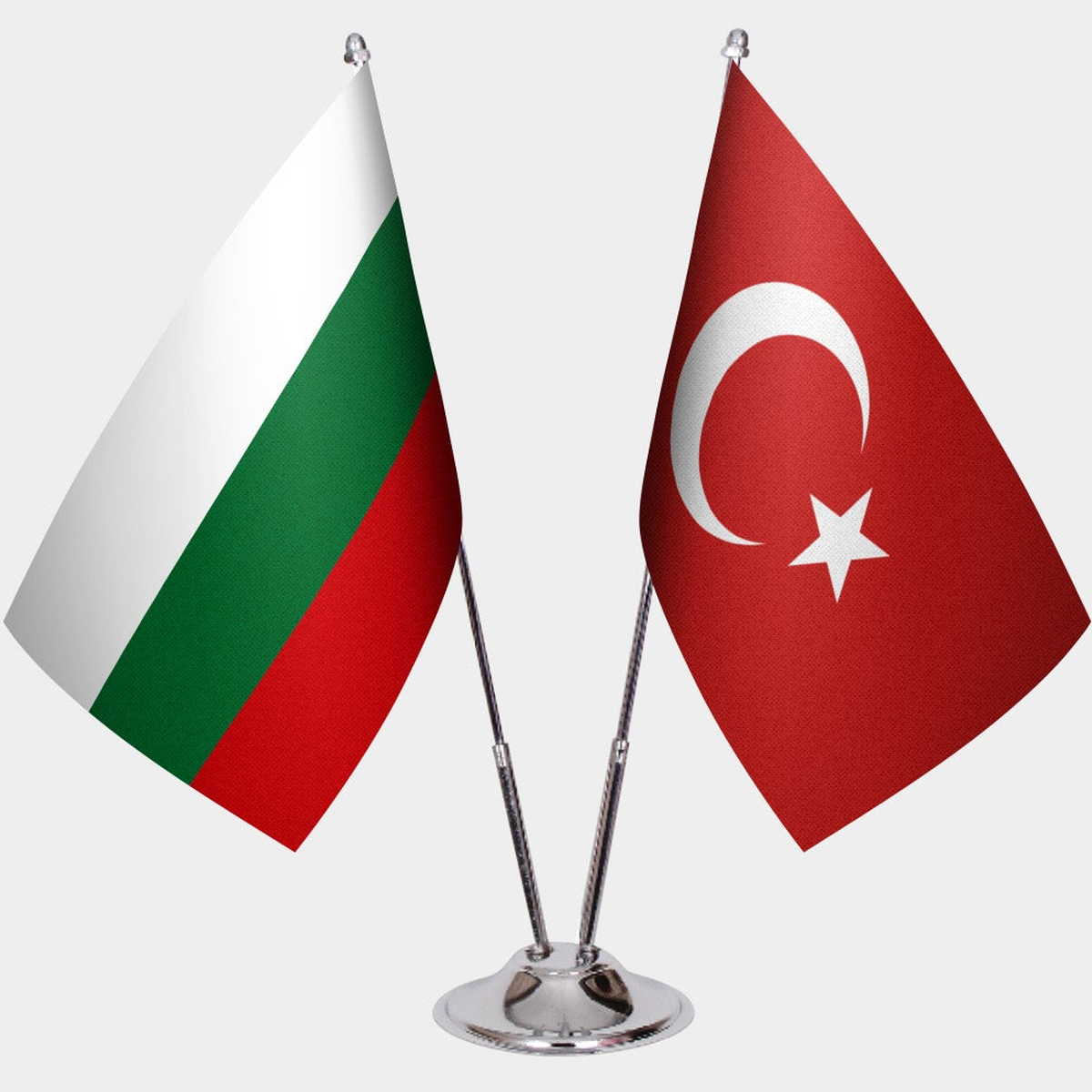 Bulgaria and Türkiye dual desk flag set with chrome silver pedestal, satin office table flag