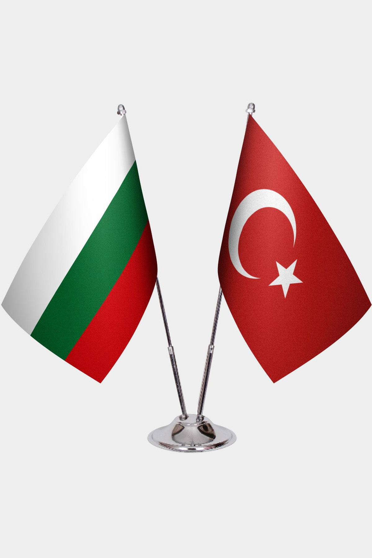 Bulgaria and Türkiye dual desk flag set with chrome silver pedestal, satin office table flag