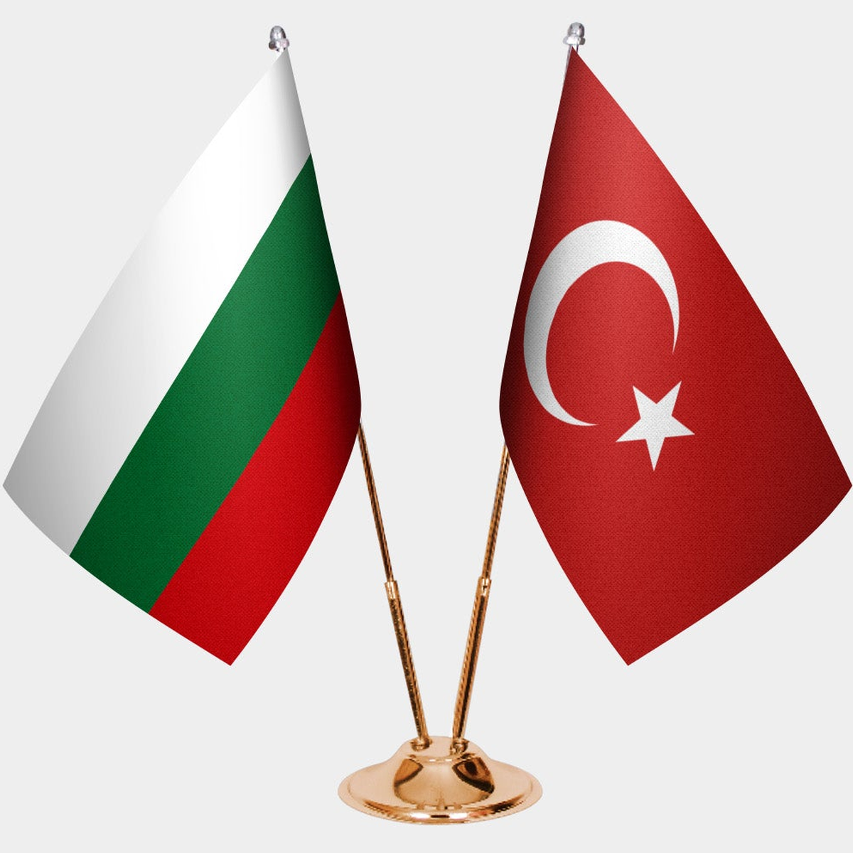 Bulgaria and Türkiye dual desk flag set with gold pedestal, satin office table flag