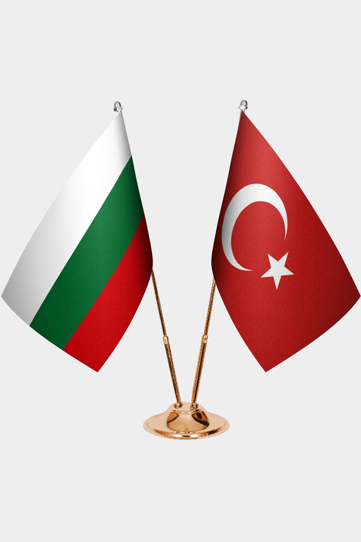 Bulgaria and Türkiye dual desk flag set with gold pedestal, satin office table flag