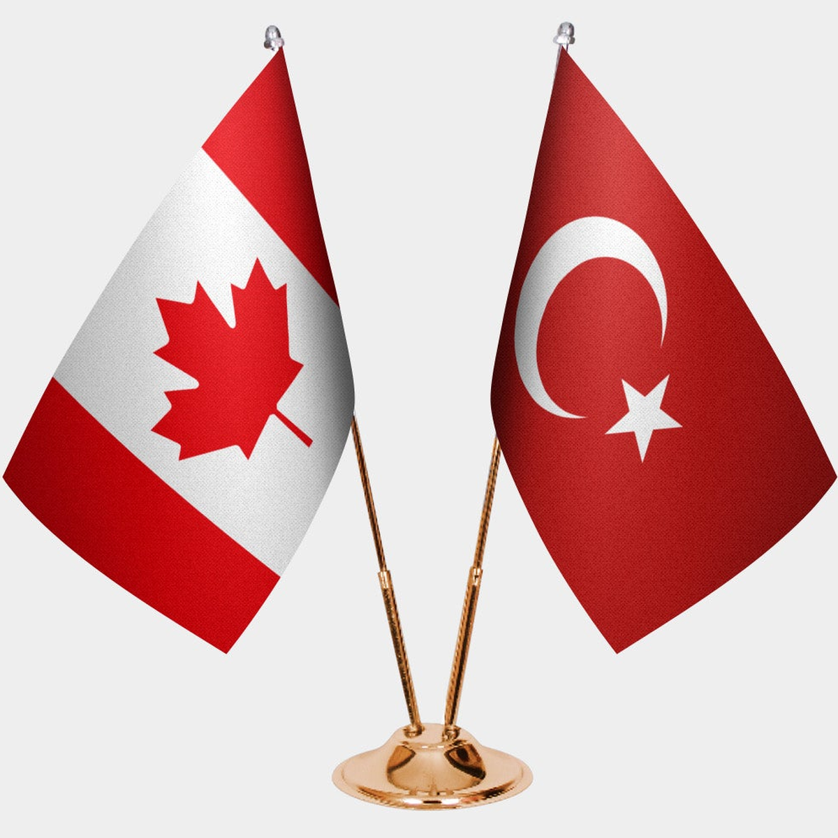 Canada and Türkiye dual desk flag set with gold pedestal, satin office table flag
