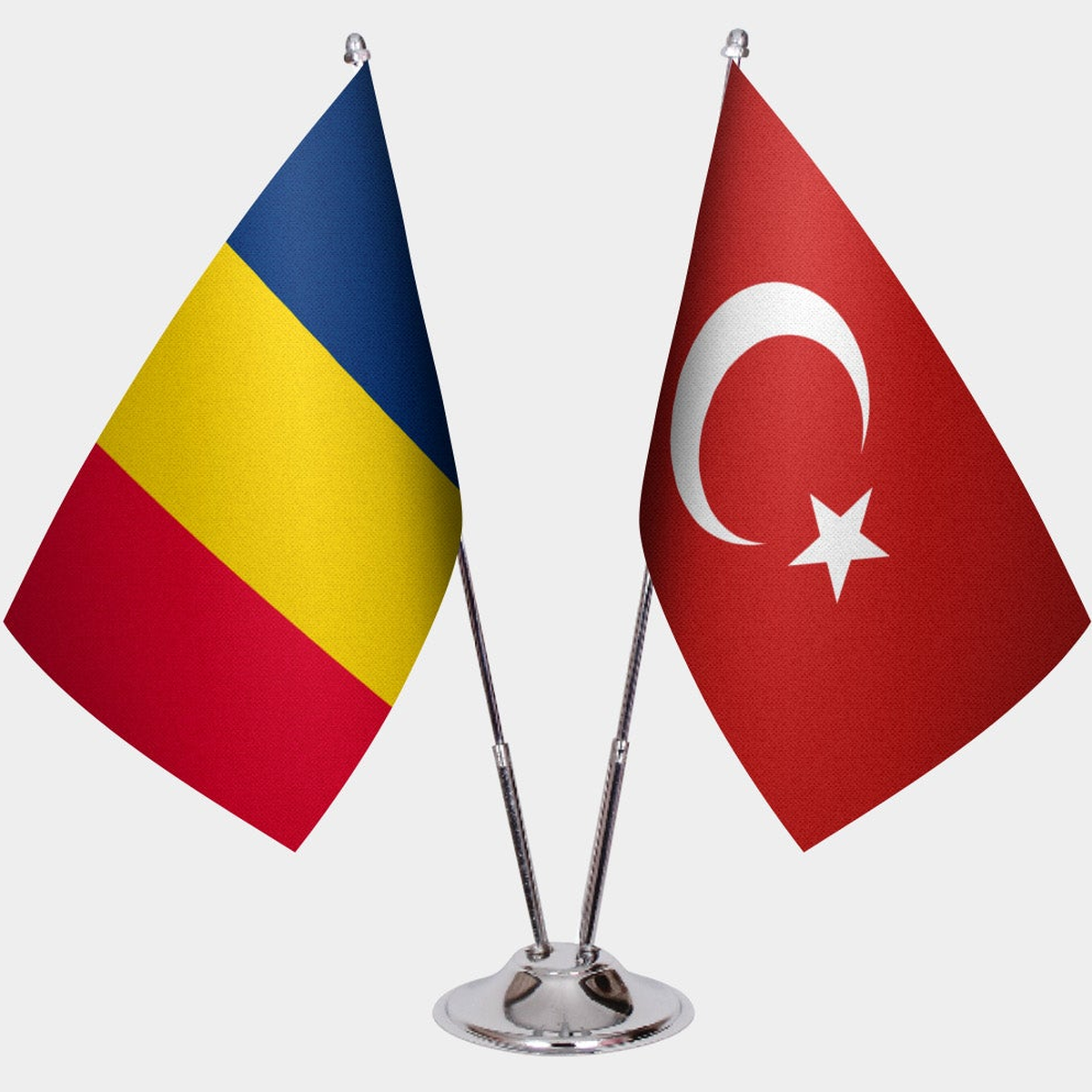 Chad and Türkiye dual desk flag set with chrome silver pedestal, satin office table flag