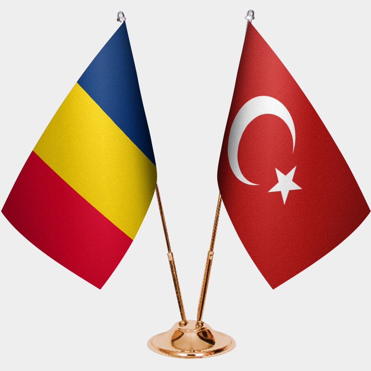 Chad and Türkiye dual desk flag set with gold pedestal, satin office table flag