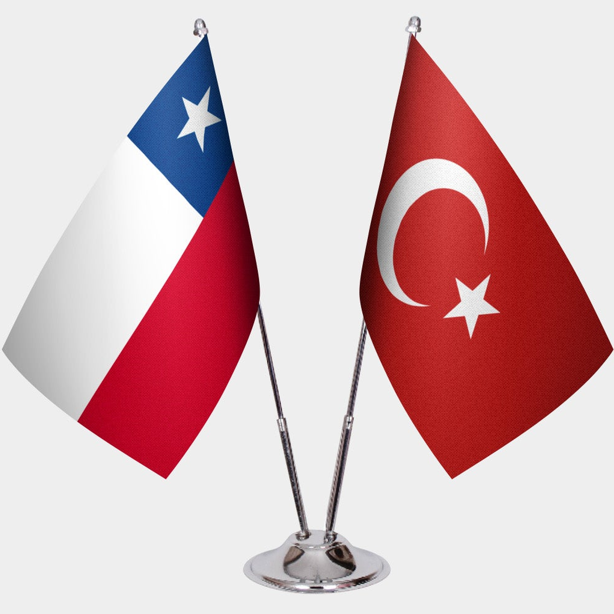 Chile and Türkiye dual desk flag set with chrome silver pedestal, satin office table flag