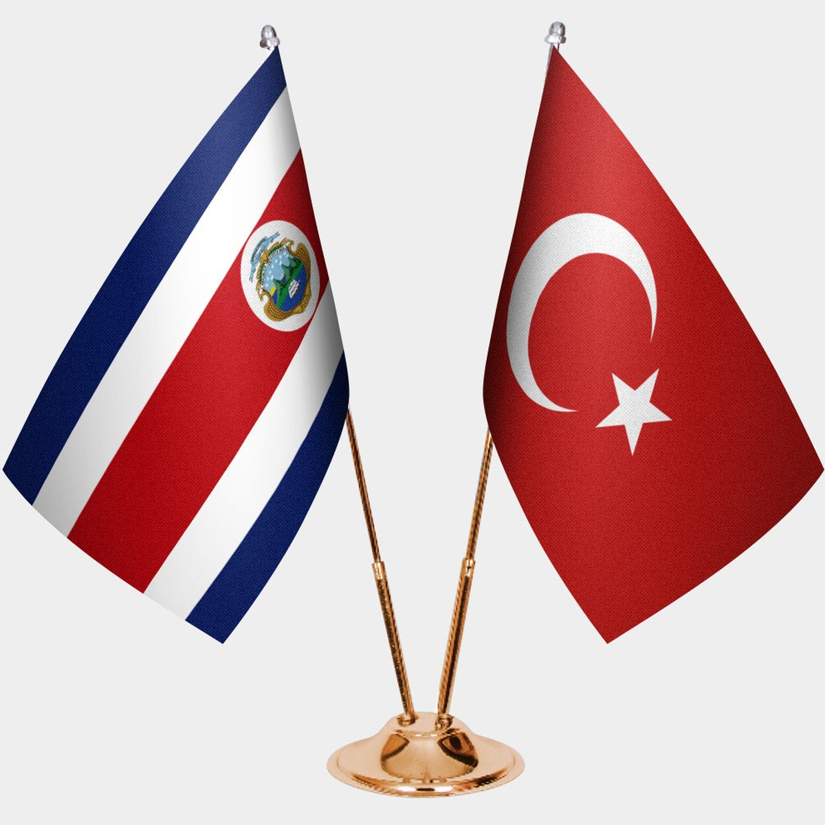 Costa Rica and Türkiye dual desk flag set with gold pedestal, satin office table flag